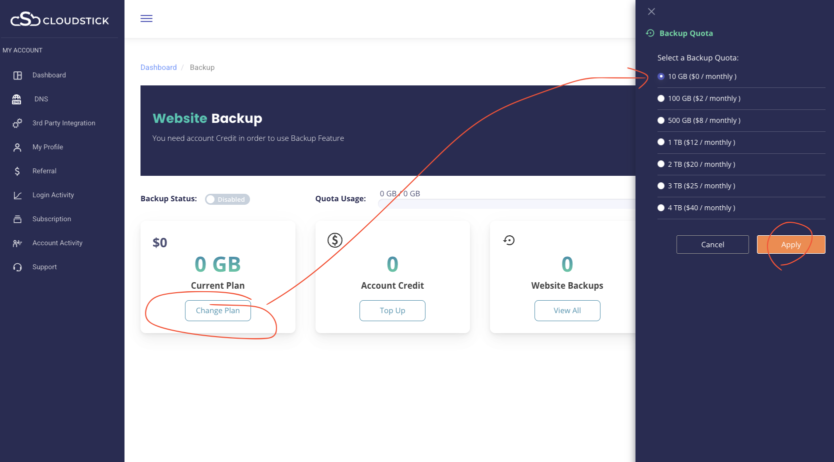 backup plan change cloudstick